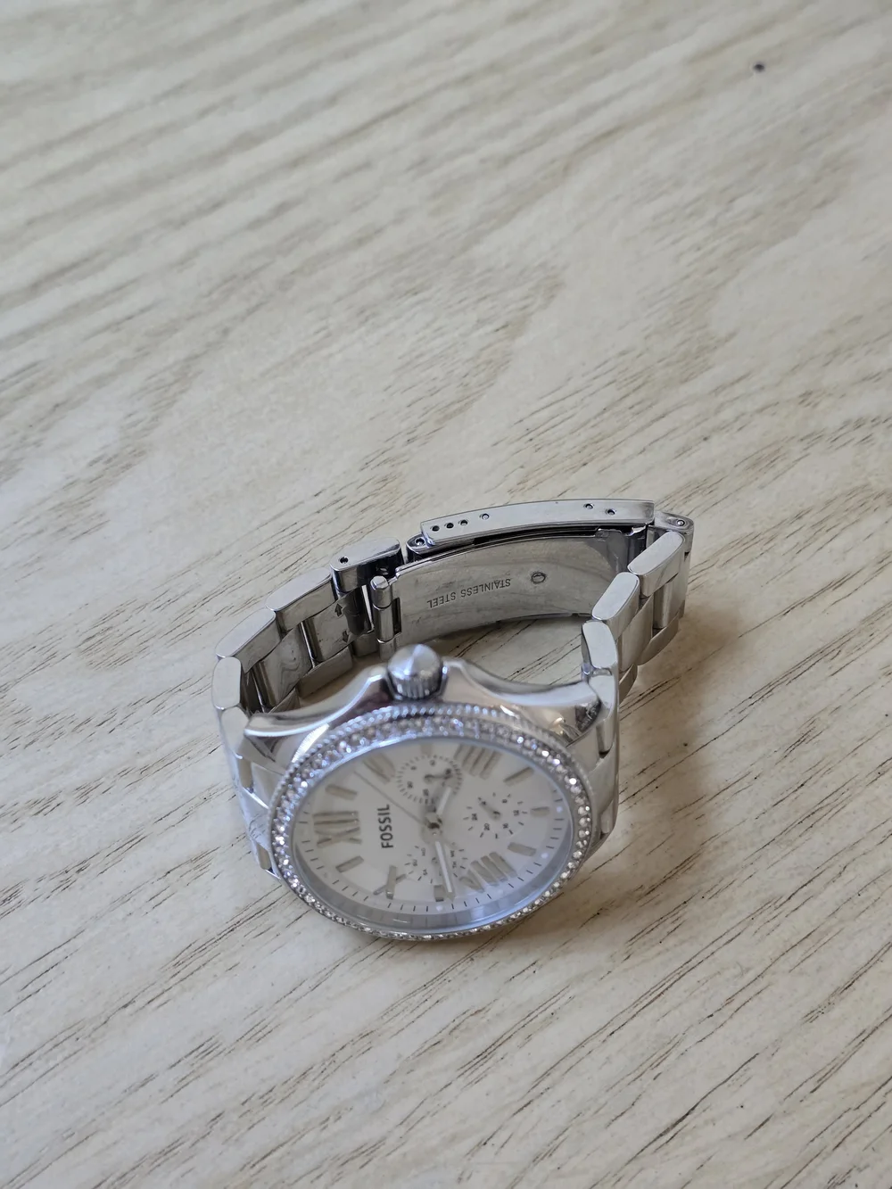 Fossil Silver and White Crystal-Accented Stainless Steel Watch